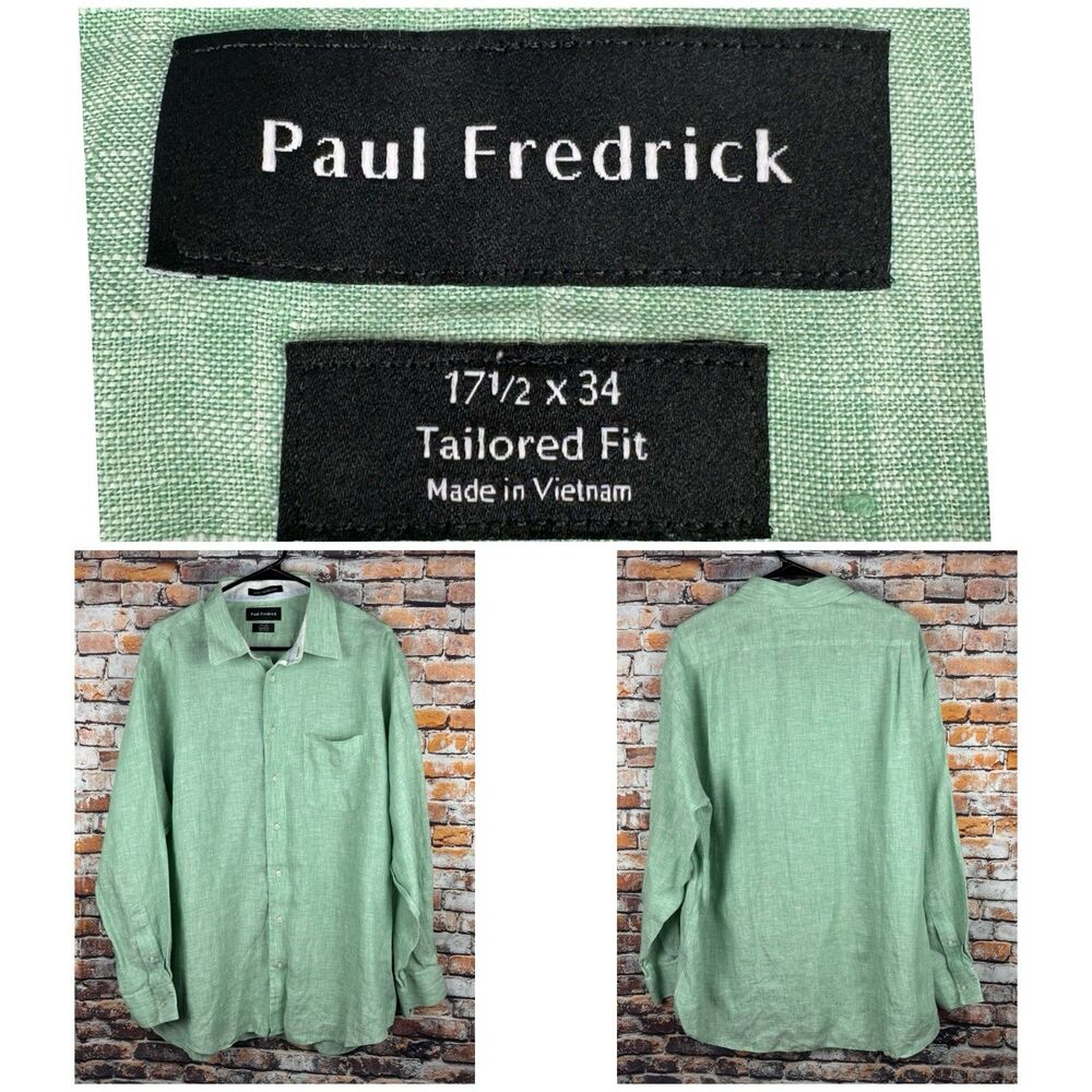 Paul Fredrick Luxury Non Iron Linen Green Tailored Fit Shirt 17.5-34 Trim
